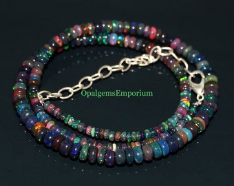 Natural Black Ethiopian Opal Necklace, Black Opal Necklace, Black Opal Rondelle Beads Necklace, Opal Jewelry, Fire Black Necklace 16 Inches
