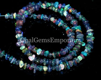 Natural Black Ethiopian Welo Fire Opal Uncut & Chips Beads Necklace, Black Opal Chips Beads Necklace, Opal Necklace Beads, Gifted Jewelry