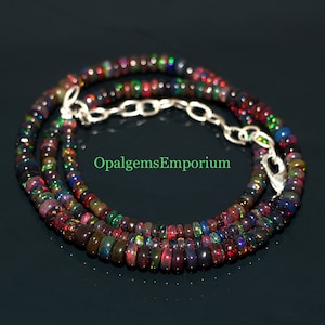 AAA+ Quality Natural Black Ethiopian Opal Necklace, Black Opal Smooth Rondelle Beads Necklace, Multi Fire Black Opal, Opal Necklace 17Inches