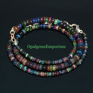 Natural Black Ethiopian Opal Necklace, Black Opal Necklace, Black Opal Rondelle Beads Necklace, Opal Jewelry, Fire Black Necklace 17 Inches