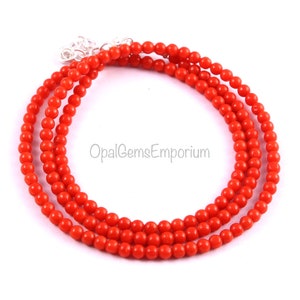 Natural Coral Gemstone Beads Necklace, Coral Smooth Round Beads Necklaces, Coral 3 MM Beads Necklace 18 Inches, Handmade Jewelry,