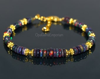 Genuine Black Ethiopian Opal Beads Bracelet 7 Inches, Fire Opal Bracelet, Opal Bracelet, Black Opal Bracelet, Opal Jewelry, Gift for her
