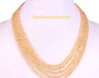Natural Citrine Gemstone Beads Necklace, Citrine Beads 5 Strand Necklace, Citrine Faceted Beads Necklace 17 Inches, Gifted Jewelry