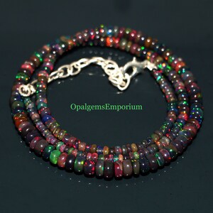 AAA+ Quality Natural Black Ethiopian Opal Necklace, Black Opal Smooth Rondelle Beads Necklace, Multi Fire Black Opal, Opal Necklace 17Inches