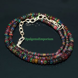 AAA+ Quality Natural Black Ethiopian Opal Necklace, Black Opal Smooth Rondelle Beads Necklace, Multi Fire Black Opal, Opal Necklace 17Inches
