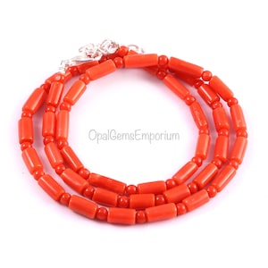 Natural Coral Gemstone Beads Necklace, Coral Tube Beads Necklaces, Coral 4x7 MM Beads Necklace 18 Inch, Handmade Jewelry, Gift For Her