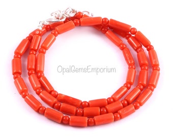 天然サンゴネックレス：オレンジレッドの磨きビーズ、18インチ - Etsy 日本