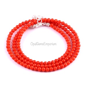 Natural Coral Gemstone Beads Necklace, Coral Smooth Round Beads Necklaces, Coral 3 MM Beads Necklace 17 Inches, Handmade Jewelry,