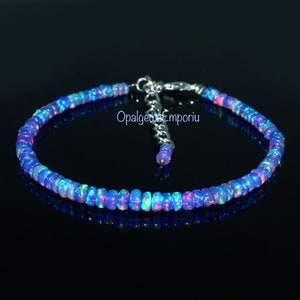 Naturligt etiopiskt armband med lila eldopal och slätt rondellpärlor, 7 tum, eldopalarmband, opalpärlarmband, lavendelopalarmband