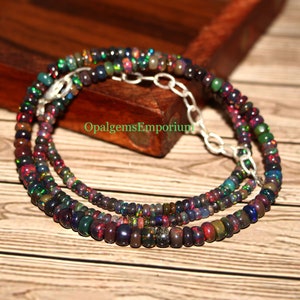 Top Quality Black Ethiopian Opal Necklace, Black Opal Beads Necklace, Rainbow Fire Black Opal, Gemstone Necklace, Opal Necklace 16 Inches