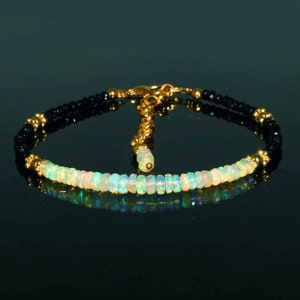 Ethiopian Opal Bracelet,Natural Ethiopian Welo Fire Opal Faceted Rondelle Beads Bracelet 7 Inch,AAA++ Fire Quality Opal & Black Spinel Beads
