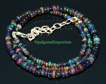 Natural Black Ethiopian Opal Necklace, Black Opal Necklace, Black Opal Rondelle Beads Necklace, Opal Jewelry, Fire Black Necklace 16 Inches