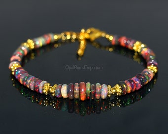 Genuine Black Ethiopian Opal Beads Bracelet 7 Inches, Fire Opal Bracelet, Opal Bracelet, Black Opal Bracelet, Opal Jewelry, Gift for her