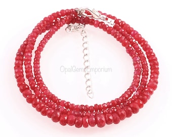 Genuine Corundum Ruby Beads Necklace, Ruby rondelle Beads Necklace, Faceted Ruby 19 Inches Necklace, Gift For Her, Gifted Jewelry