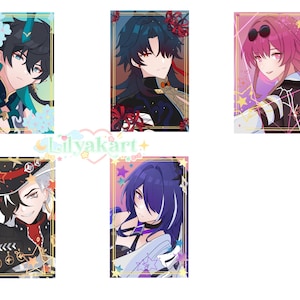May include: Five character portraits in rectangular frames with gold borders. Each portrait features a different anime-style character with unique hair colors and outfits. The backgrounds are decorated with stars and floral elements.