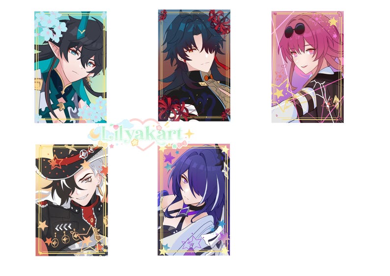 May include: Five character portraits in rectangular frames with gold borders. Each portrait features a different anime-style character with unique hair colors and outfits. The backgrounds are decorated with stars and floral elements.