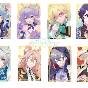 May include: Eight character portraits in a rectangular format, each with a gold border and star accents. The portraits feature anime-style characters with various hair colors and outfits, set against a yellow background. The artist's signature is in the center.
