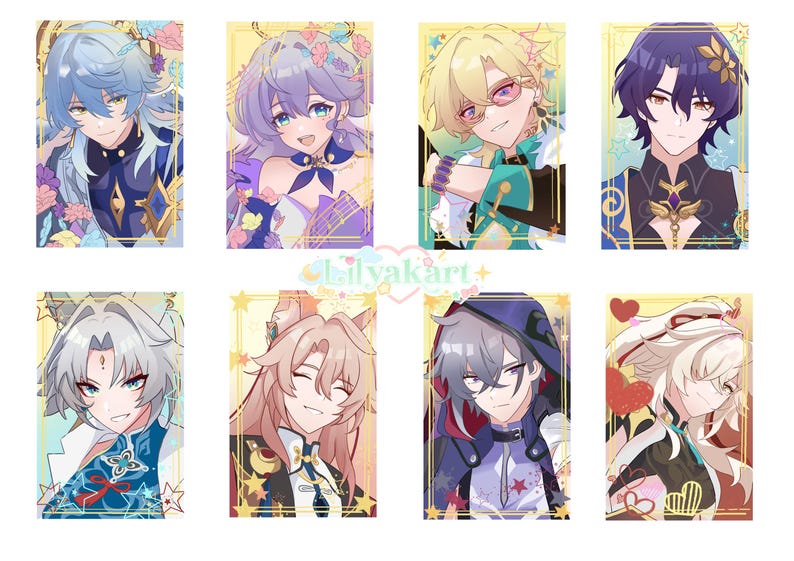 May include: Eight character portraits in a rectangular format, each with a gold border and star accents. The portraits feature anime-style characters with various hair colors and outfits, set against a yellow background. The artist's signature is in the center.