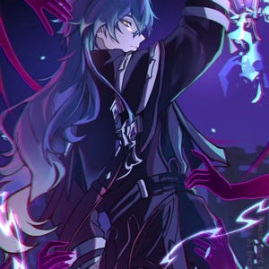 May include: Digital illustration of a character with blue hair and yellow eyes, holding a glowing lantern. The artwork features a dark color palette with purple and blue hues, and the character is surrounded by stylized hands.