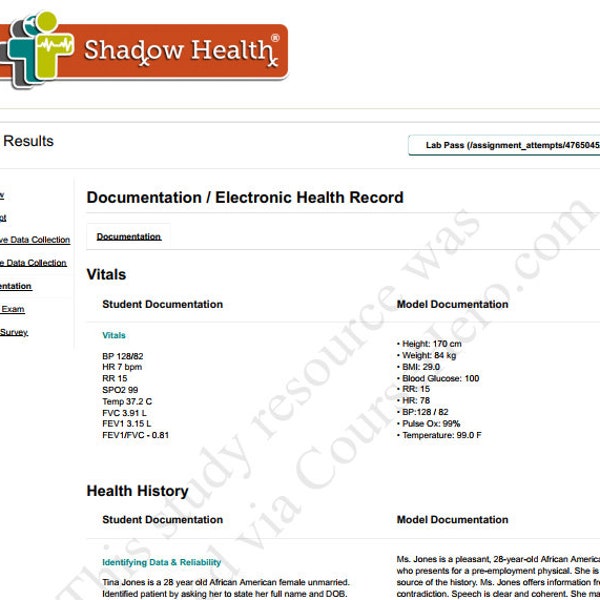 NR 509 Comprehensive Assessment _ Completed _ Shadow Health {TINA JONES} Vitals Documentation / Electronic Health Record