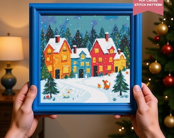 Winter Wonderland Cross Stitch Pattern - Snowy Village Scene with Blue theme, Holiday Embroidery Pattern, DIY Christmas Decor Gift