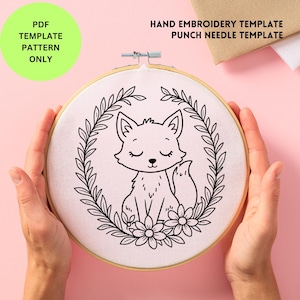 Cute Baby Fox in Floral Embroidery & Punch Needle Template | Hand Embroidery PDF Pattern | DIY Stitching Design | Instant Digital Download