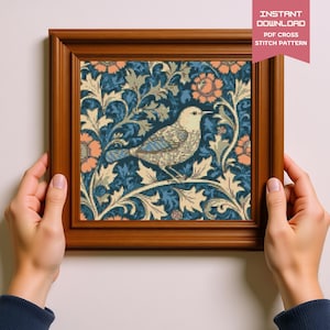 Papel pintado de pájaro inspirado en William Morris Diseño floral Patrón de punto de cruz Morris Punto de cruz PDF Pintura famosa Bordado floral