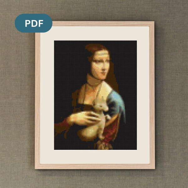 Lady with an Ermine by Leonardo da Vinci Digital Cross Stitch Pattern PDF, Masterpiece Painting to xstitch wall art, best gift for her