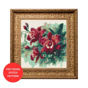 Red Orchid Cross Stitch Pattern | Floral PDF Embroidery Chart | Vintage Botanical Needlepoint Design | Instant Download