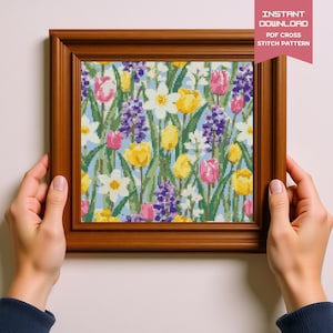 Spring Flowers Cross Stitch Pattern PDF - Colorful Floral Field with Tulips, Daffodils & Daisies - Modern Botanical Embroidery