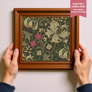 Papel tapiz Golden Lily inspirado en William Morris Diseño floral Patrón de punto de cruz Morris Punto de cruz PDF Pintura famosa Bordado floral