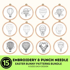 Hot Air Balloon Embroidery Pattern | 15 Sets Hand Embroidery & Punch Needle Template | DIY Stitching PDF Instant Download