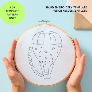 Hot Air Balloon Embroidery Pattern | Hand Embroidery & Punch Needle Template | DIY Stitching PDF Instant Download | Nursery Room Decor