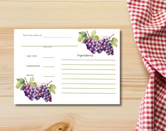 Grapes theme Recipe Box Cards, set of 20 Recipe Card template, best gift for her, Mother's Day, wedding, bachelorette, house warming