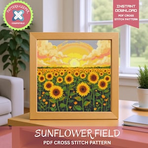 Wzór krzyżykowy „Pole słoneczników” w formacie PDF – kwiatowy wzór do samodzielnego haftowania, dekoracja domu z motywem zachodu słońca, do natychmiastowego pobrania