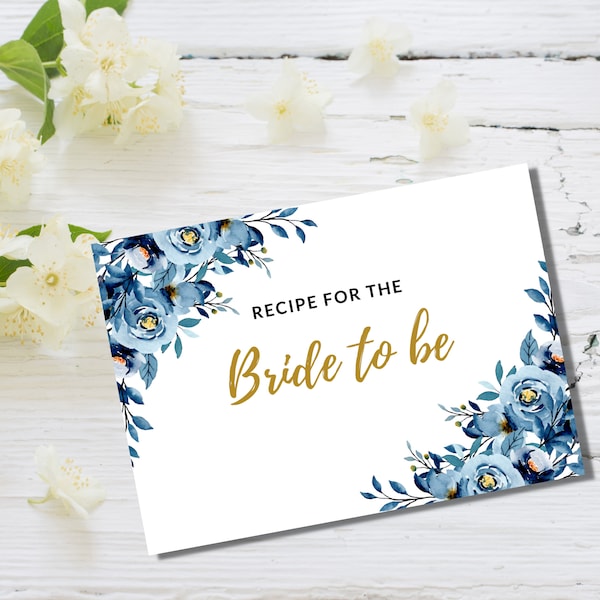 Blue Floral Bridal Shower Recipe Box Card/Personalized Recipe cards /Ready to Print template with Cover/ editable cards gift for the bride