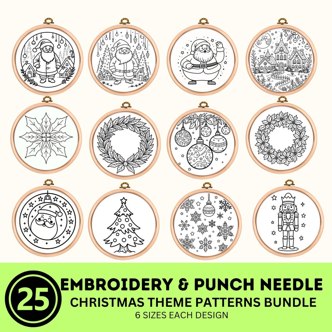 Christmas Embroidery Pattern Bundle | 25 Holiday Punch Needle Designs ...