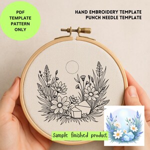 Puede incluir: Un patrón de bordado a mano en un aro de madera, con un diseño floral de margaritas y otras plantas. El texto "PDF TEMPLATE PATTERN ONLY" está en un círculo verde, y "HAND EMBROIDERY TEMPLATE PUNCH NEEDLE TEMPLATE" está en la parte superior.