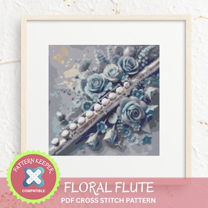Flöte im Blumenkreuzstichmuster | Elegante musikalische Stickerei | DIY künstlerisches Wohndekor