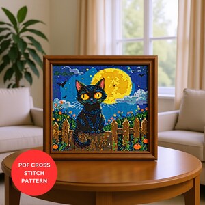 Black Cat Halloween Cross Stitch Pattern PDF | Full Moon Night Embroidery | Spooky Fall Digital Needlework Chart