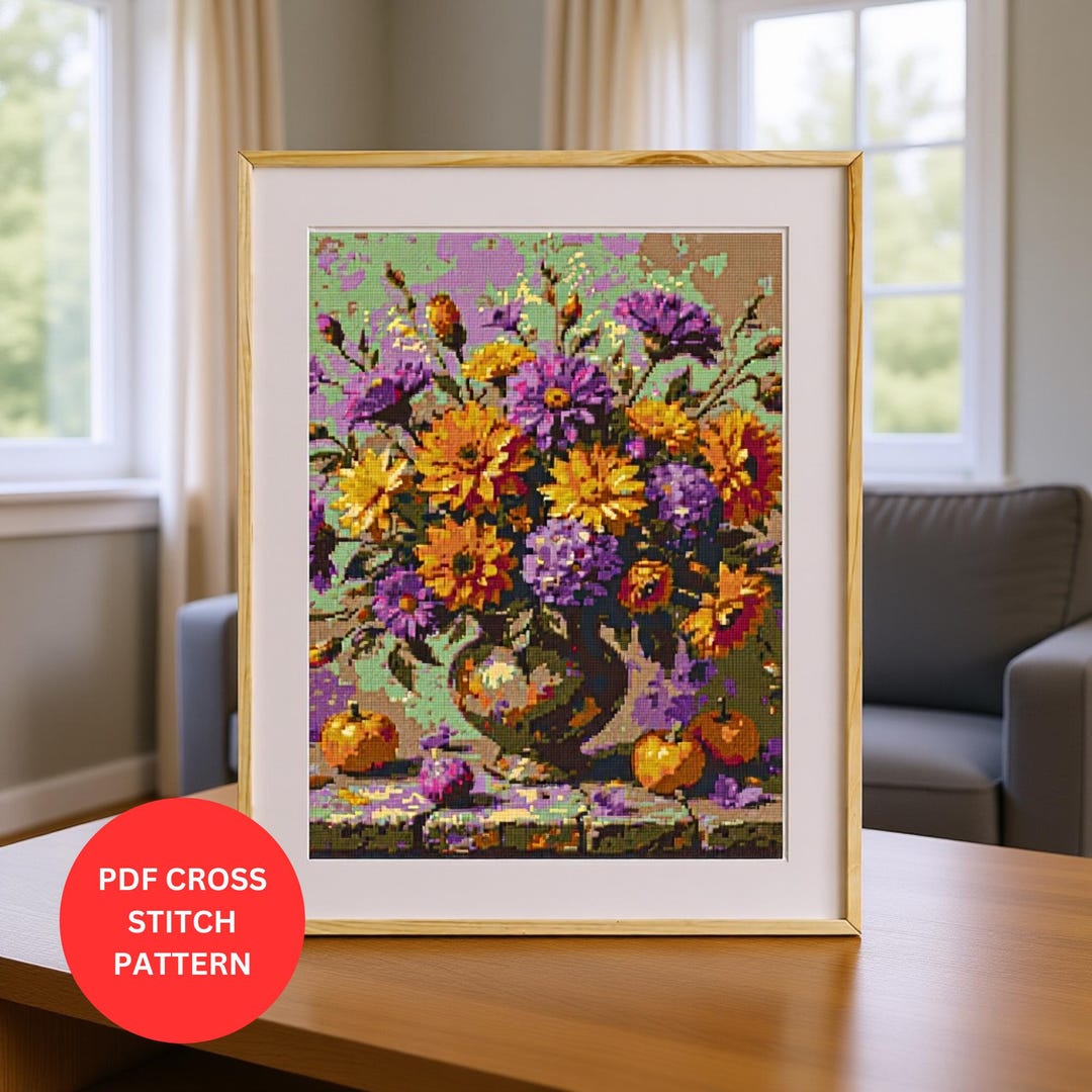 Floral Vase Cross Stitch Pattern PDF | Colorful Flower Bouquet ...