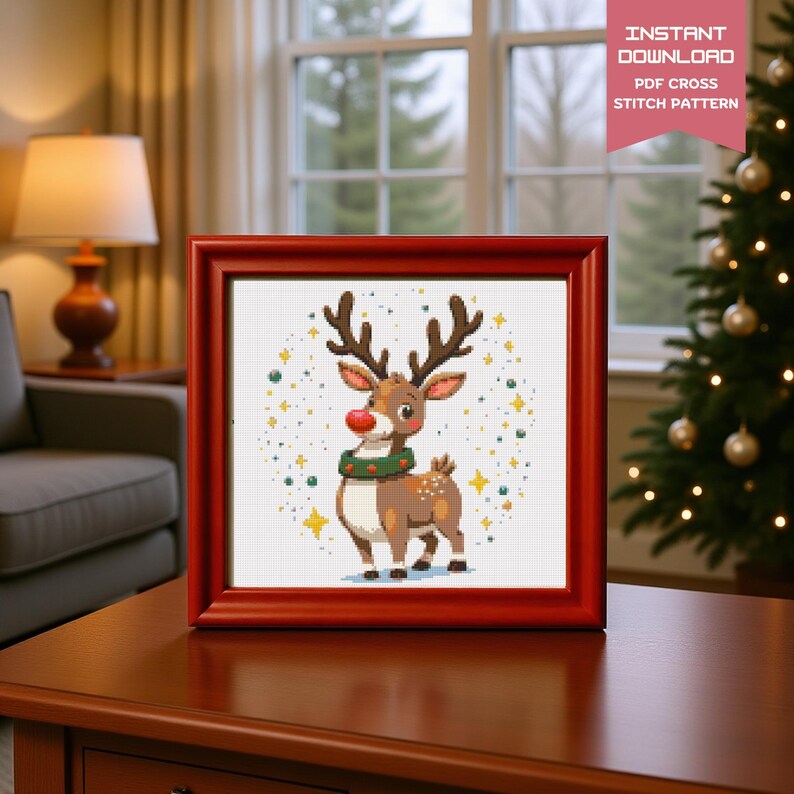 Christmas Reindeer Cross Stitch Pattern PDF | Cute Rudolph Holiday ...