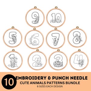 1 to 10 numbers with flowers Hand Embroidery Template | Punch Needle PDF Pattern Geometrical Design | Instant Digital Download
