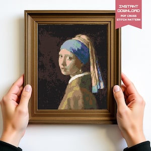 Schema punto croce &quot;Ragazza con l&#39;orecchino di perla&quot; di Johannes Vermeer, capolavoro dipinto fai da te, arte murale facile da contare, file PDF, regalo migliore