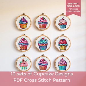 Lot de petits gâteaux au point de croix | 10 modèles PDF numériques | Décoration murale de cuisine | Cadeau de broderie de dessert sucré pour les boulangers et les gastronomes