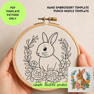 Rabbit Embroidery Pattern | Floral Bunny Hand Embroidery & Punch Needle Template | DIY Hoop Art Design | Instant Download PDF