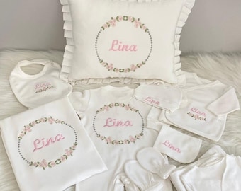 Personalized Embroidered New Born Set with Blanket and Pillow - Total 11 Pieces
