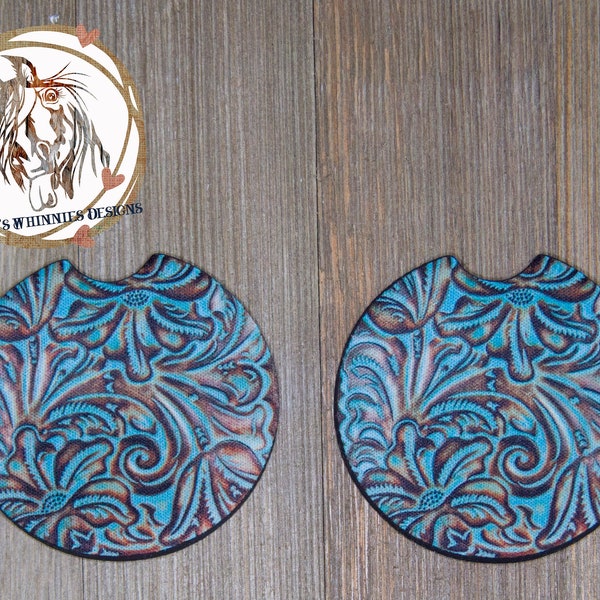 Faux Turquoise Tooled Leather Car Coasters - set of 2