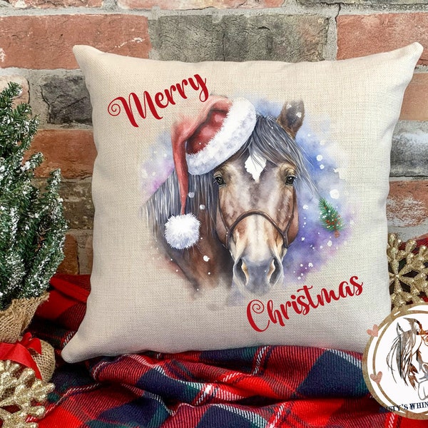 18 x 18 Christmas Horse with Santa Hat Pillow