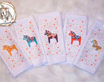 Dala Horse Waffle Towels, Kitchen Towels, Scandinavian Horse, Christmas Horse, Snowflakes